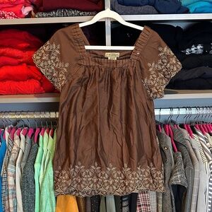 Art and Soul 100% cotton brown/white embroidered short sleeve square neck top M